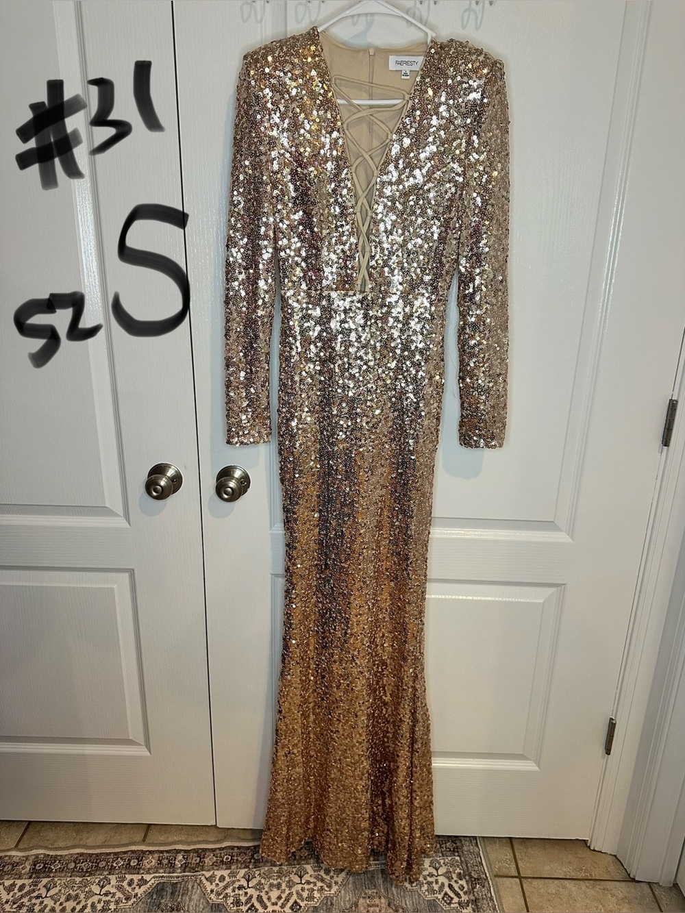 Long Sleeve Sequin Evening Gown - Gold